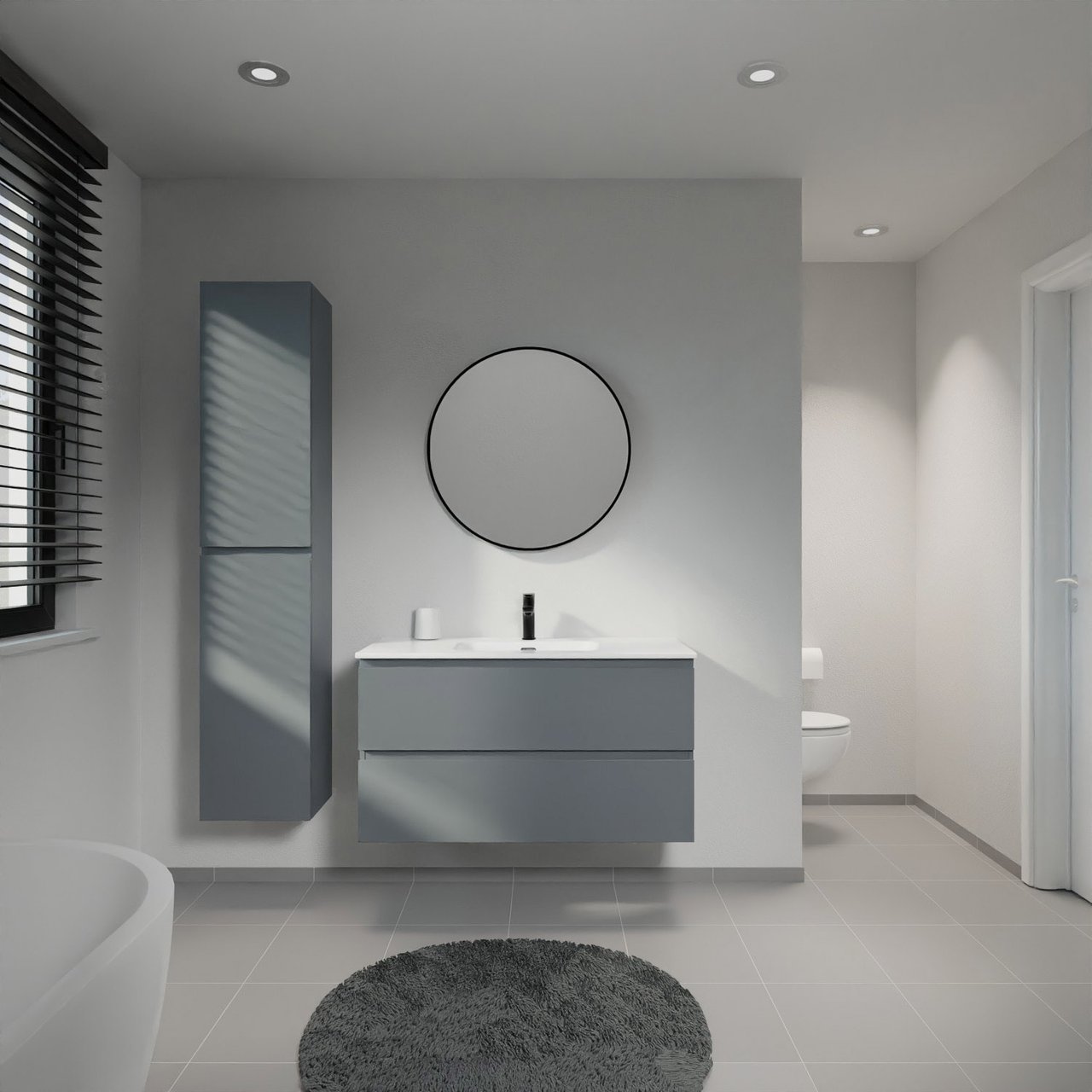 Linie Lado zwevend badkamermeubel 100 x 46 cm blauw antraciet met Baro enkele wastafel in porselein glanzend wit