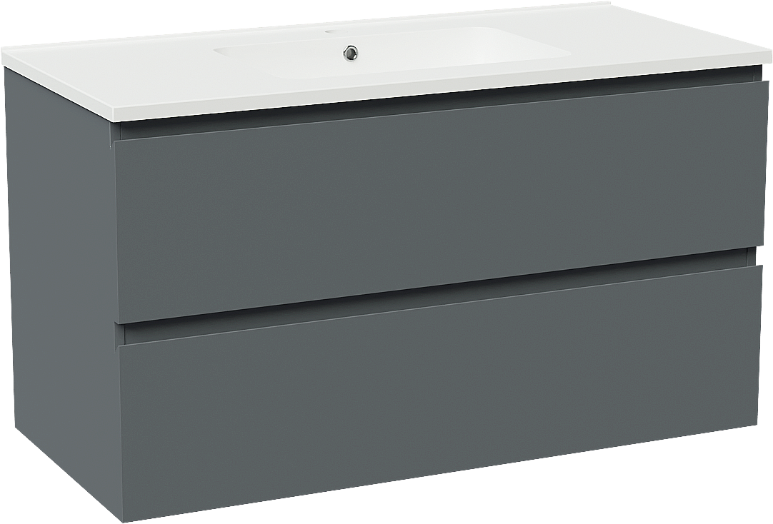 Linie Lado hängendes Möbelstück Set: 100 x 46 cm, Anthrazitblau, mit Vano Einzelwaschtisch, Marmorkomposit Weiß matt