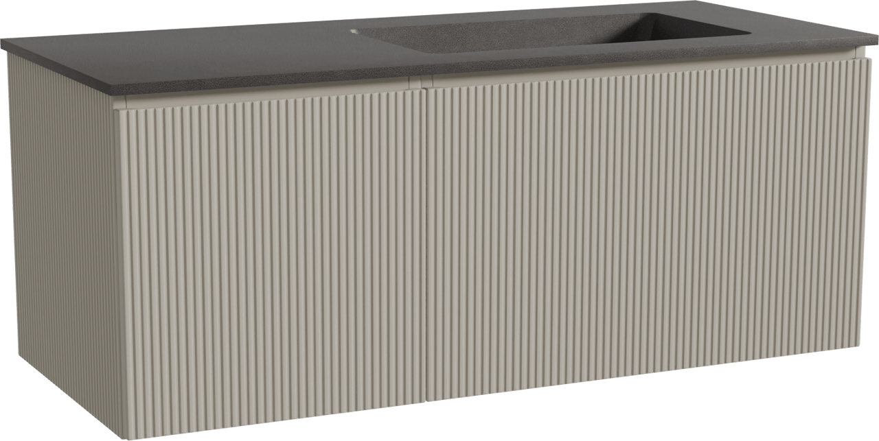 Storke Ribs meuble salle de bains suspendu 120 x 52 cm soie grise avec Scuro plan vasque asymétrique à droite en quartz noir mat, Nervure droite symétrique verticale