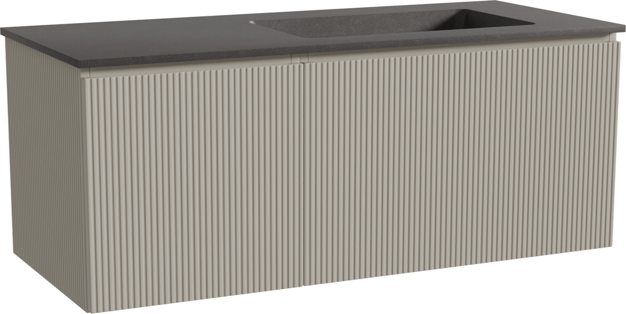 Storke Ribs zwevend badmeubel 120 x 52 cm zijdegrijs met Scuro asymmetrisch rechtse wastafel in kwarts mat zwart, Verticale symmetrische rechte ribbel