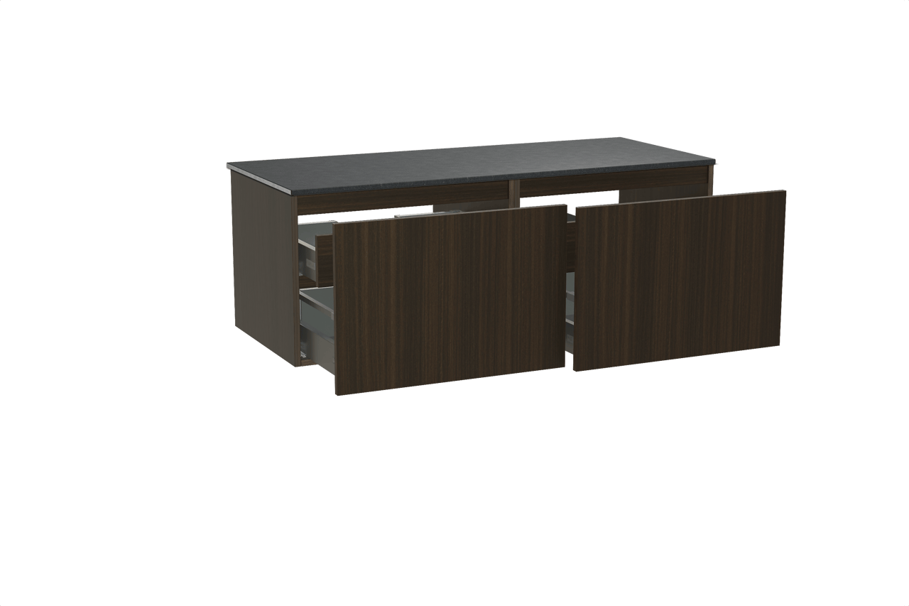 Balmani Sfera meuble salle de bains suspendu 135 x 55 cm eucalyptus avec Stretto tablette simple ou double en granit noir