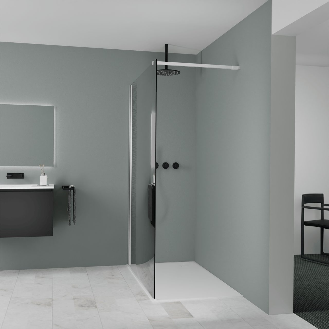 Balmani Modular inloopdouche: 140 x 200 cm, Rookglas met coating, Mat witte profielen