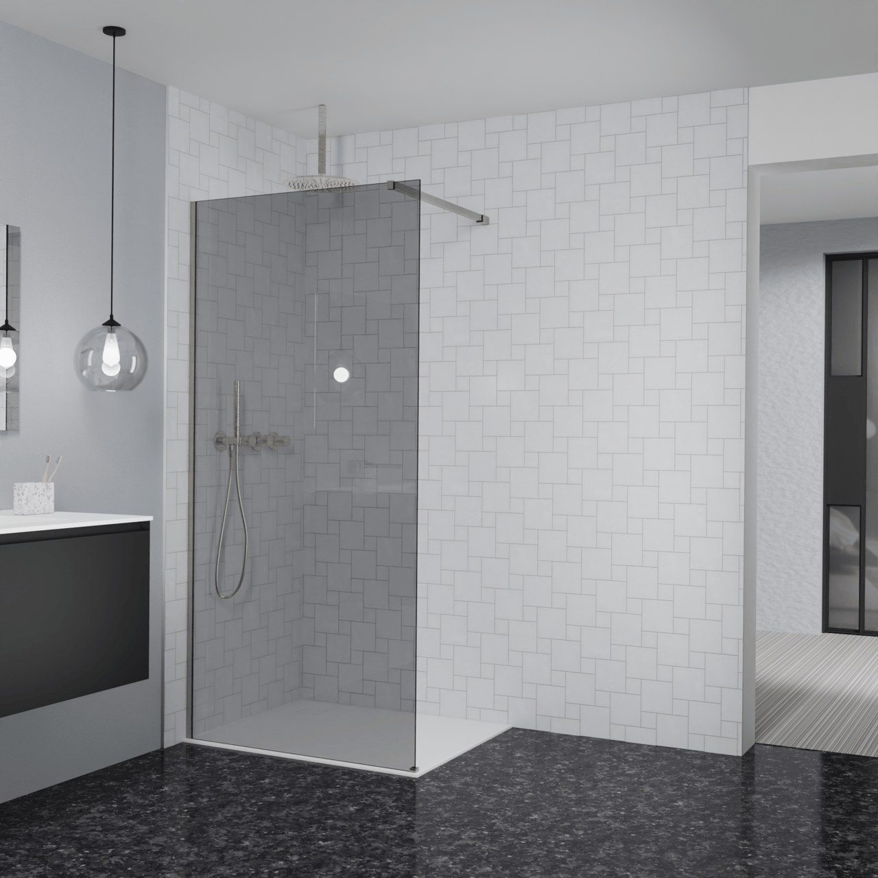 Balmani Modular douche à l'italienne: 100 x 200 cm, Verre fumé, avec coating, Profil Brushed CoolMetal