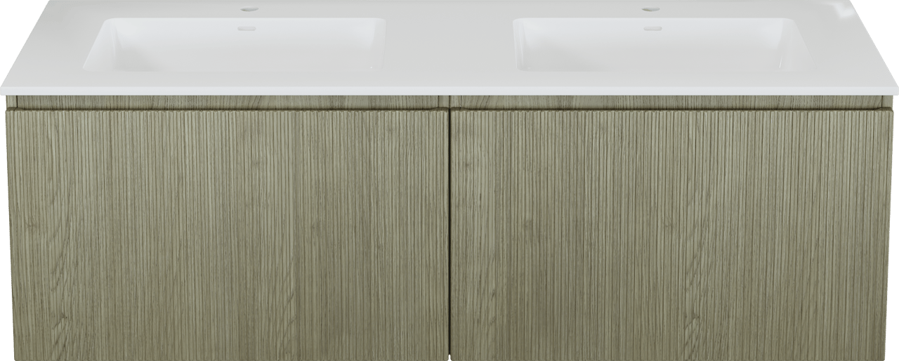 Storke Ribs meuble salle de bains suspendu 150 x 52 cm chêne brut avec Bilia double vasque en marbre composite blanc brillant, Nervure droite symétrique verticale