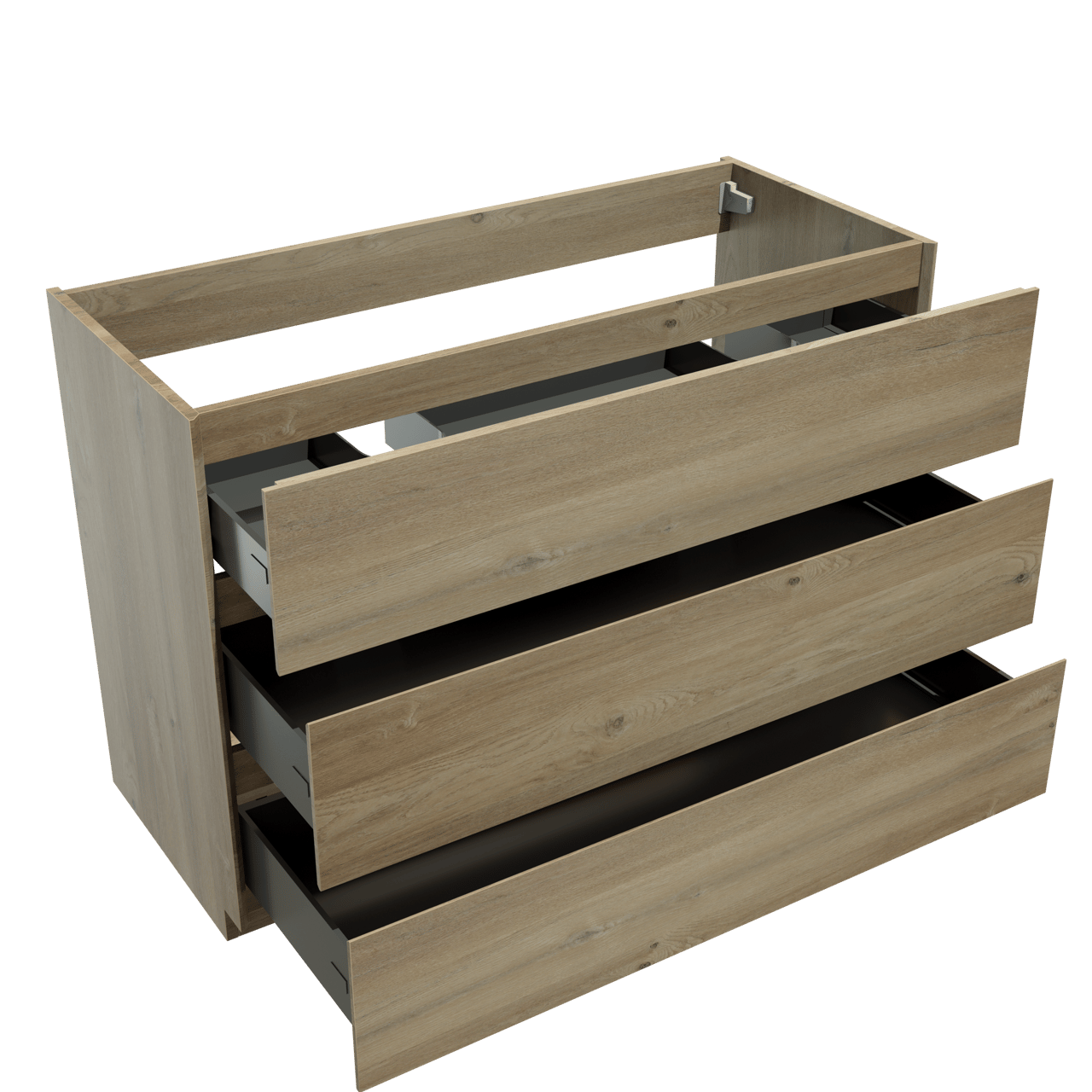 Storke Edge stehender Waschbeckenunterschrank: 120 x 52 cm, Eiche rustikal, 3 Schubladen, 2 Siphonaussparungen