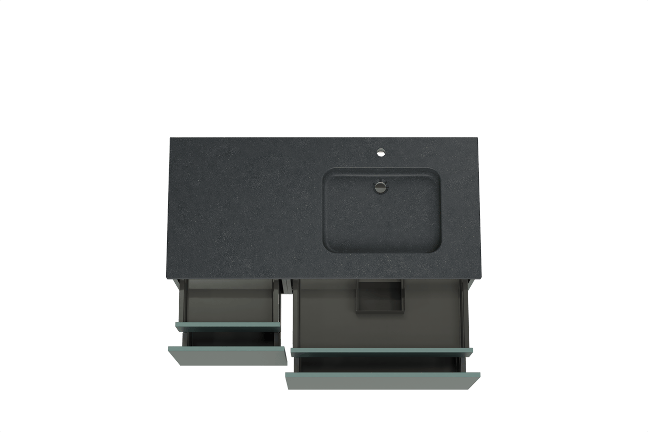 Balmani Sfera hängendes Möbelstück Set: 120 x 55 cm, Forest, mit Napoli Waschtisch rechts, Schwarzes Granit