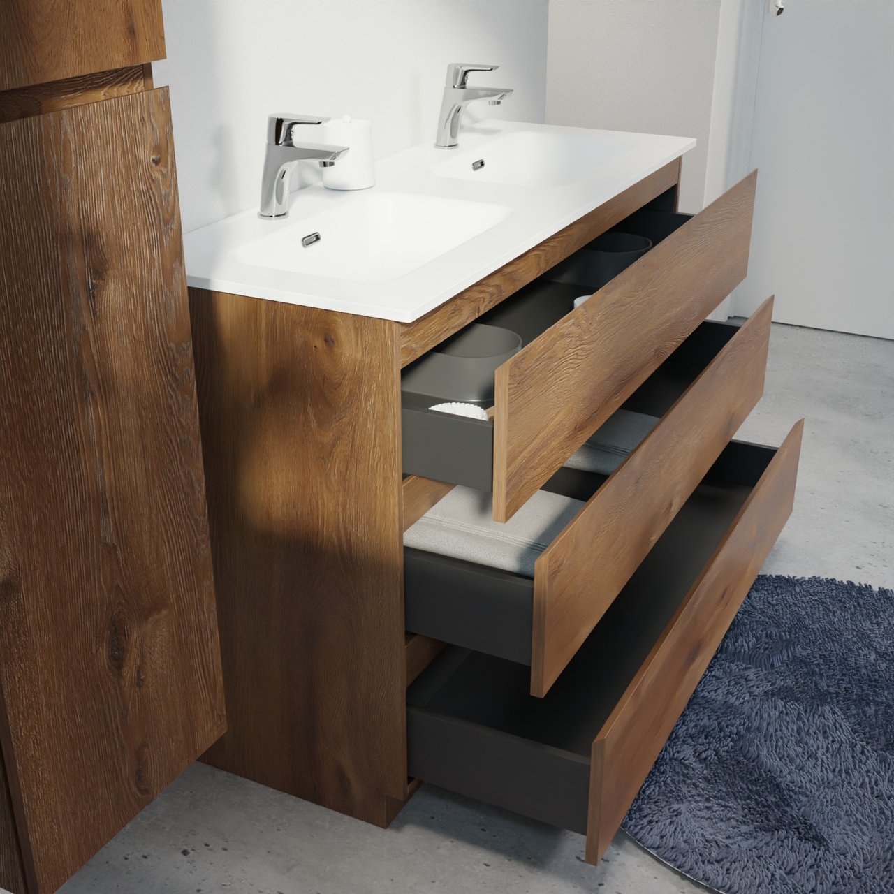 Linie Lado meuble salle de bains à poser 120 x 46 cm chêne brun avec Baro double vasque en porcelaine blanc brillant