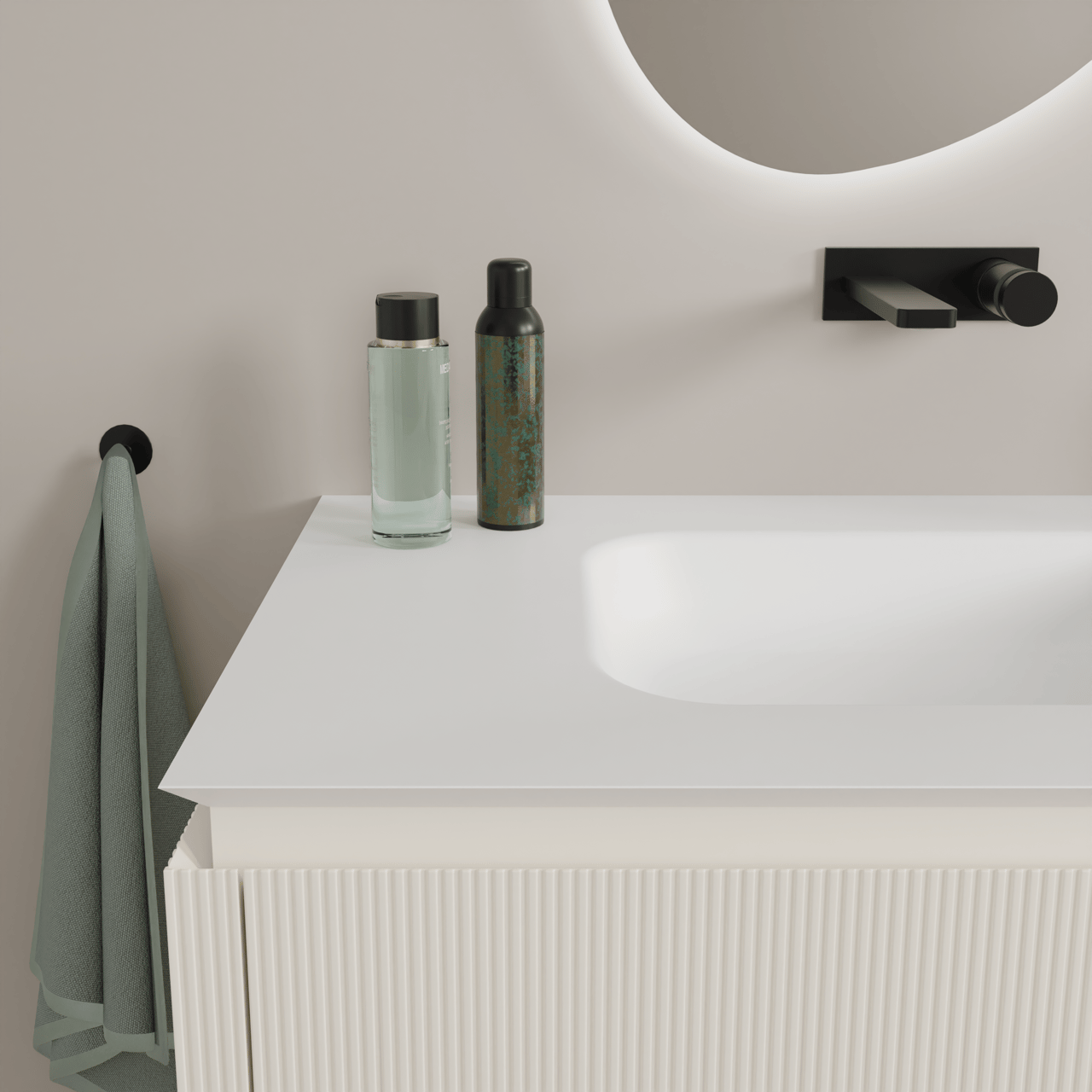 Balmani Eclips meuble salle de bains suspendu 180 x 55 cm Sandbeige avec Eclips double vasque en Solid Surface blanc mat, Nervure droite symétrique verticale