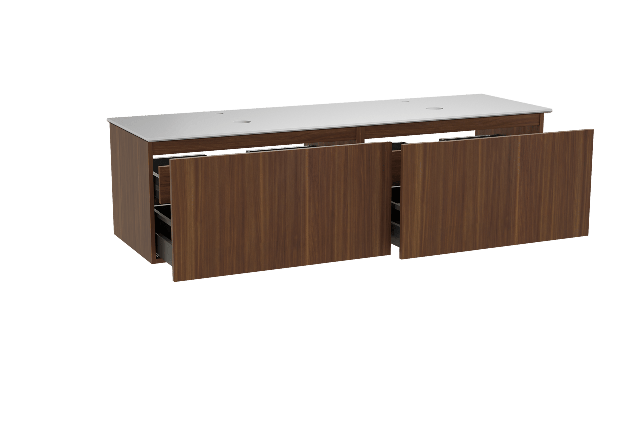 Balmani Sfera hängendes Möbelstück Set: 180 x 55 cm, Amerikanischer Nussbaum, mit Facetta Doppel Waschtischplatte, Solid Surface Weiß matt