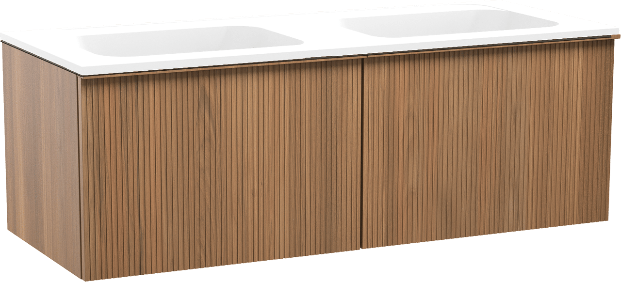 Balmani Forma hängendes Möbelstück Set: 135 x 55 cm, Teak, mit Tablo Strada Doppelwaschtisch, Marmorkomposit, Weiß matt, Vertikale symmetrische gerade Rippe