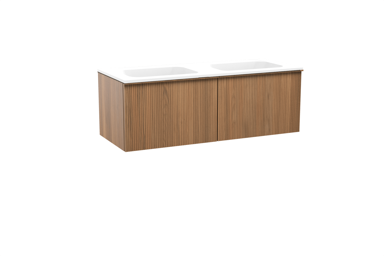 Balmani Forma hängendes Möbelstück Set: 135 x 55 cm, Teak, mit Tablo Strada Doppelwaschtisch, Marmorkomposit, Weiß matt, Vertikale symmetrische gerade Rippe