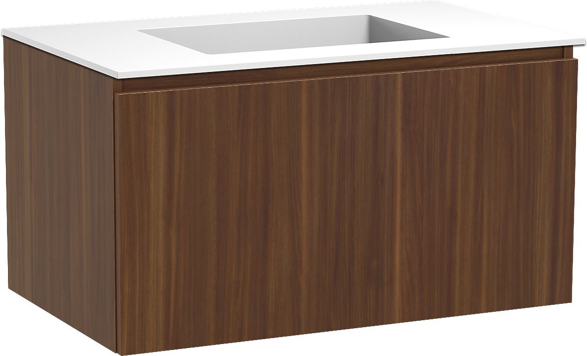 Balmani Sfera zwevend badkamermeubel 90 x 55 cm amerikaanse notelaar met Tablo Stretto enkele wastafel in solid surface mat wit