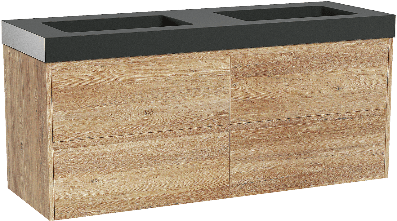 Storke Seda zwevend badmeubel 150 x 52 cm ruw eiken met Scuro High dubbele wastafel in kwarts mat zwart