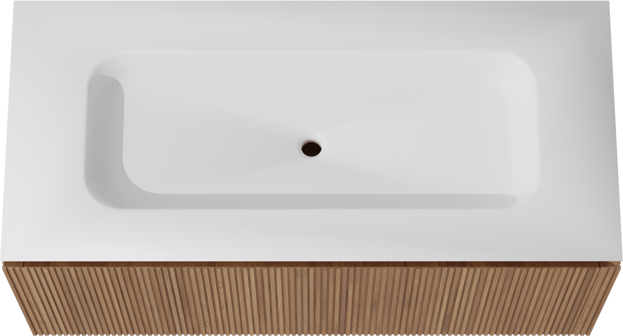 Balmani Eclips meuble salle de bains suspendu 120 x 55 cm Teck avec Eclips plan simple en Solid Surface blanc mat, Nervure droite symétrique verticale