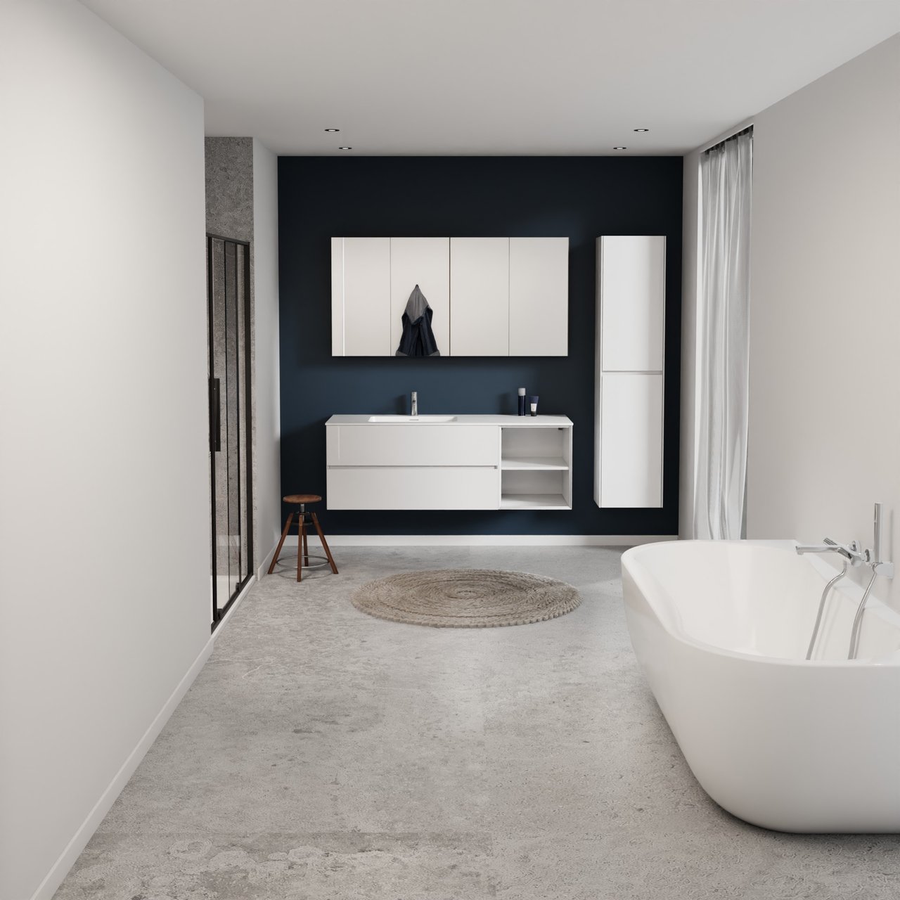 Storke Edge meuble salle de bains suspendu 150 x 52 cm blanc brillant avec Mata plan vasque asymétrique à gauche en solid surface blanc mat