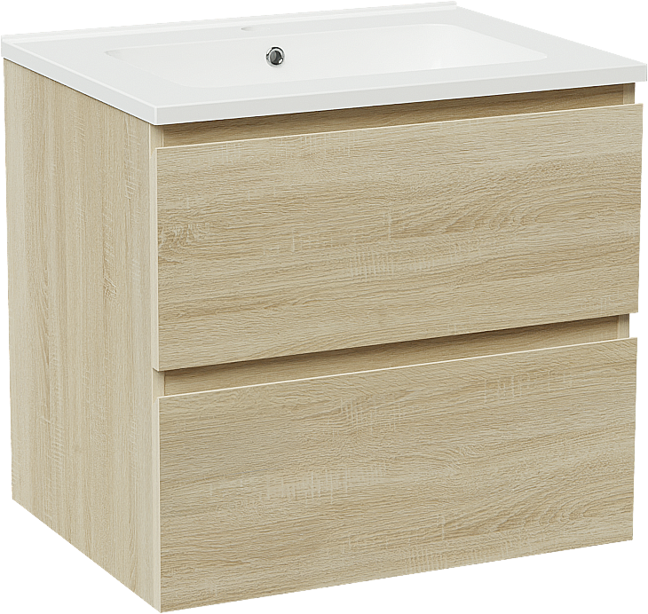 Linie Lado zwevend badmeubel 60 x 46 cm wit eiken met Vano enkele wastafel in composietmarmer hoogglans wit