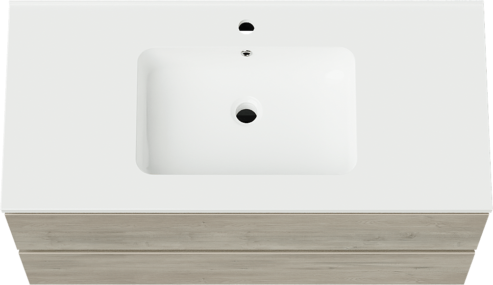 Linie Lado zwevend badmeubel 100 x 46 cm grijs eiken met Vano enkele wastafel in composietmarmer hoogglans wit