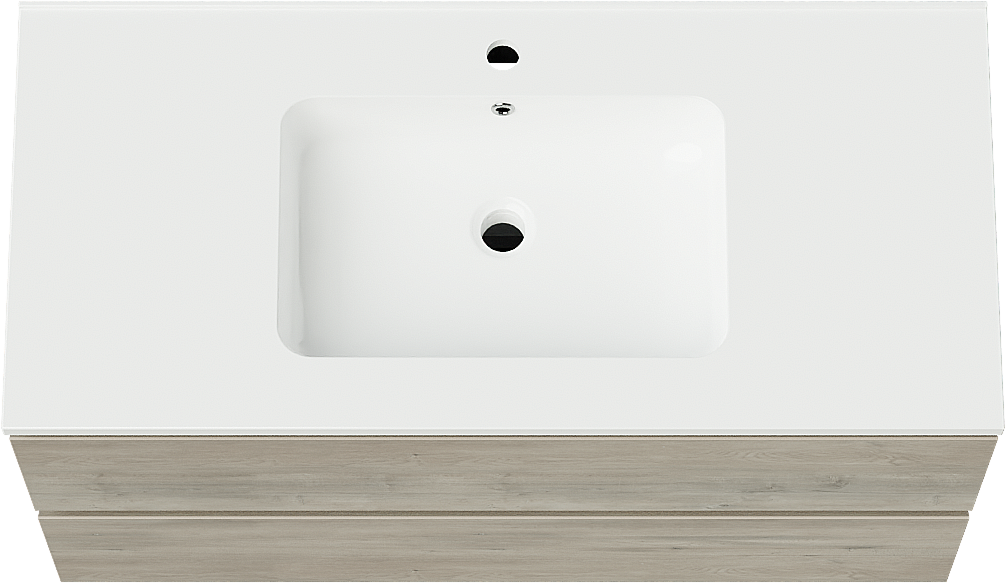 Linie Lado hängendes Möbelstück Set: 100 x 46 cm, Graue Eiche, mit Vano Einzelwaschtisch, Marmorkomposit Weiß glänzend