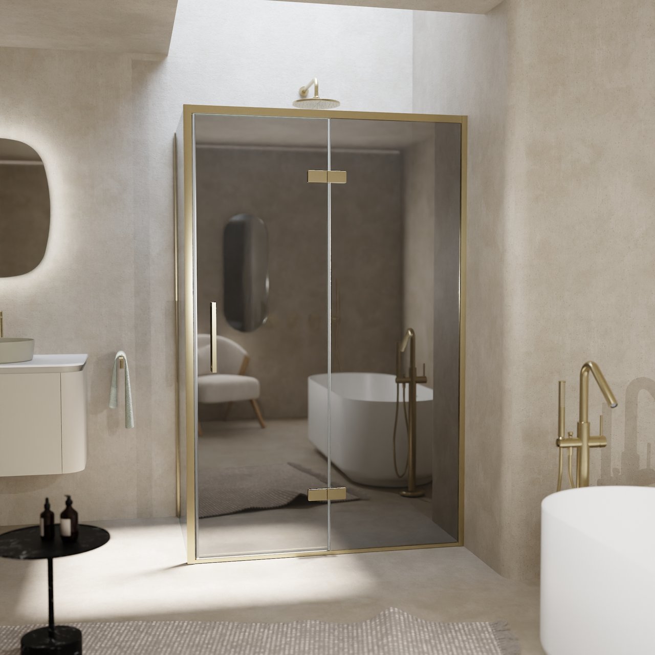Balmani Senses Design douche en coin avec porte pivotante à droite et paroi latérale fixe, 120 x 100 cm, Miroir Reflex, Profil Brushed Champagne Gold, coating inclus