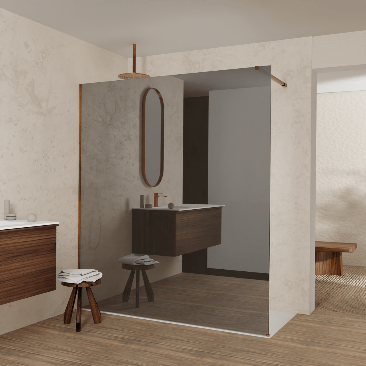 Balmani Modular douche à l'italienne: 180 x 200 cm, Verre miroir reflex, avec coating, Profil Brushed Rosegold