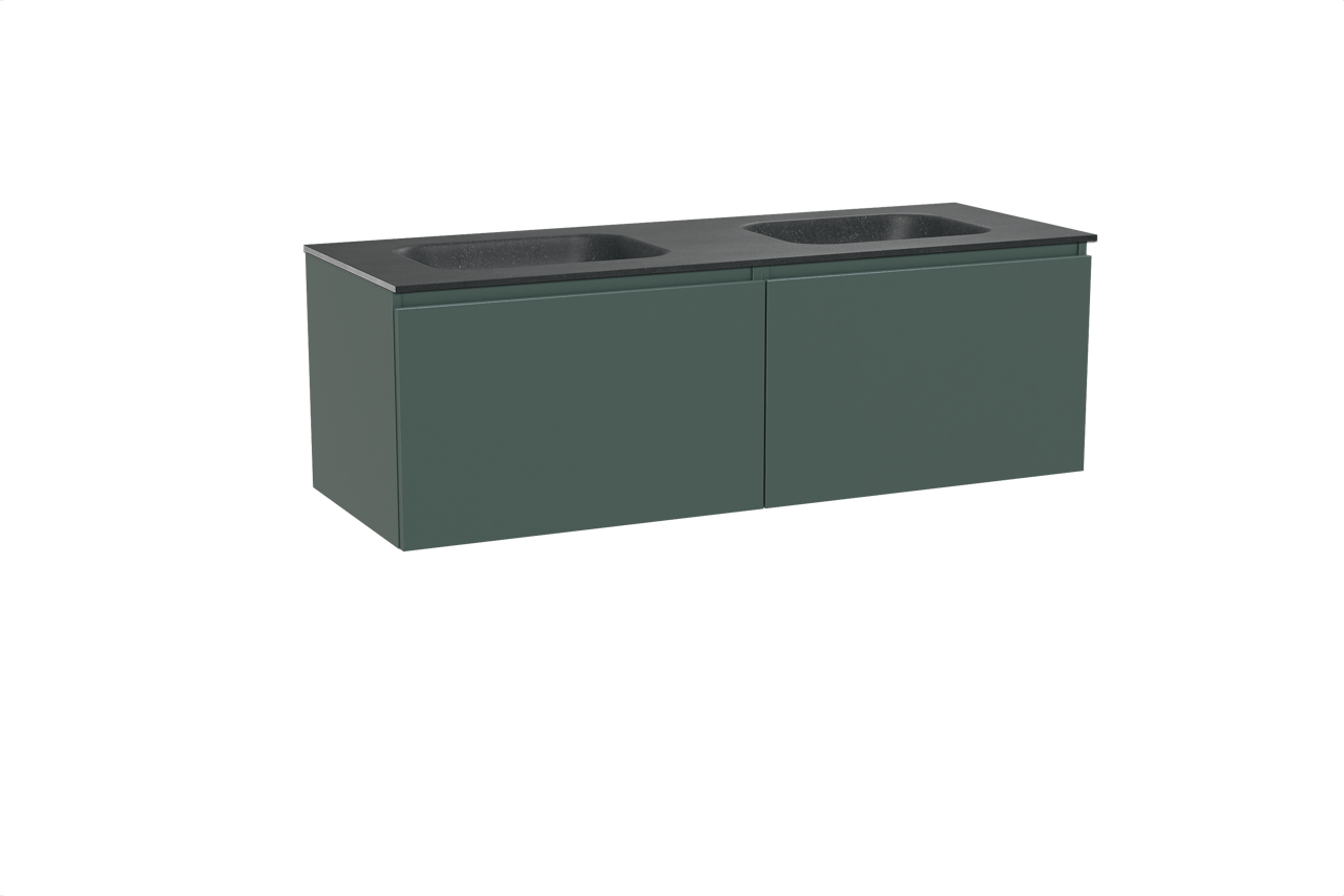 Balmani Sfera zwevend badkamermeubel 150 x 55 cm forest met Tablo Arcato dubbele wastafel in graniet zwart