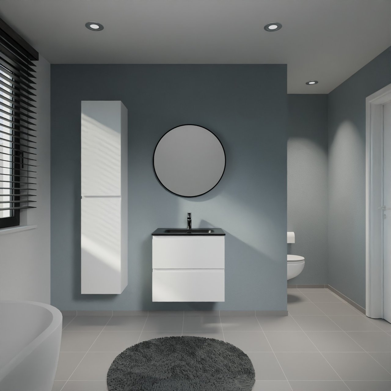 Linie Lado meuble salle de bains suspendu 60 x 46 cm blanc brillant avec Baro plan simple en porcelaine noir mat