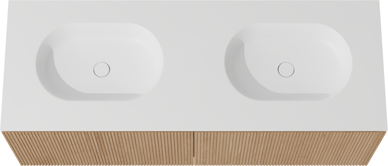 Balmani Eclips hängendes Möbelstück Set: 150 x 55 cm, Eiche Natur, mit Tablo Oval Doppelwaschtisch Solid Surface Weiβ matt, Vertikale symmetrische gerade Rippe