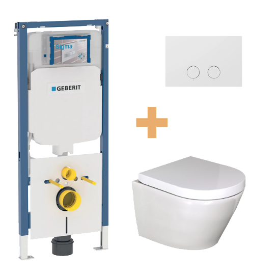 WC Set: Luca Varess Calibro Hänge WC, Weiß glänzend, spülrandlos, kompakt, Geberit Duofix UP720 Sigma Einbauspülkasten mit Luca Varess Betätigungsplatte