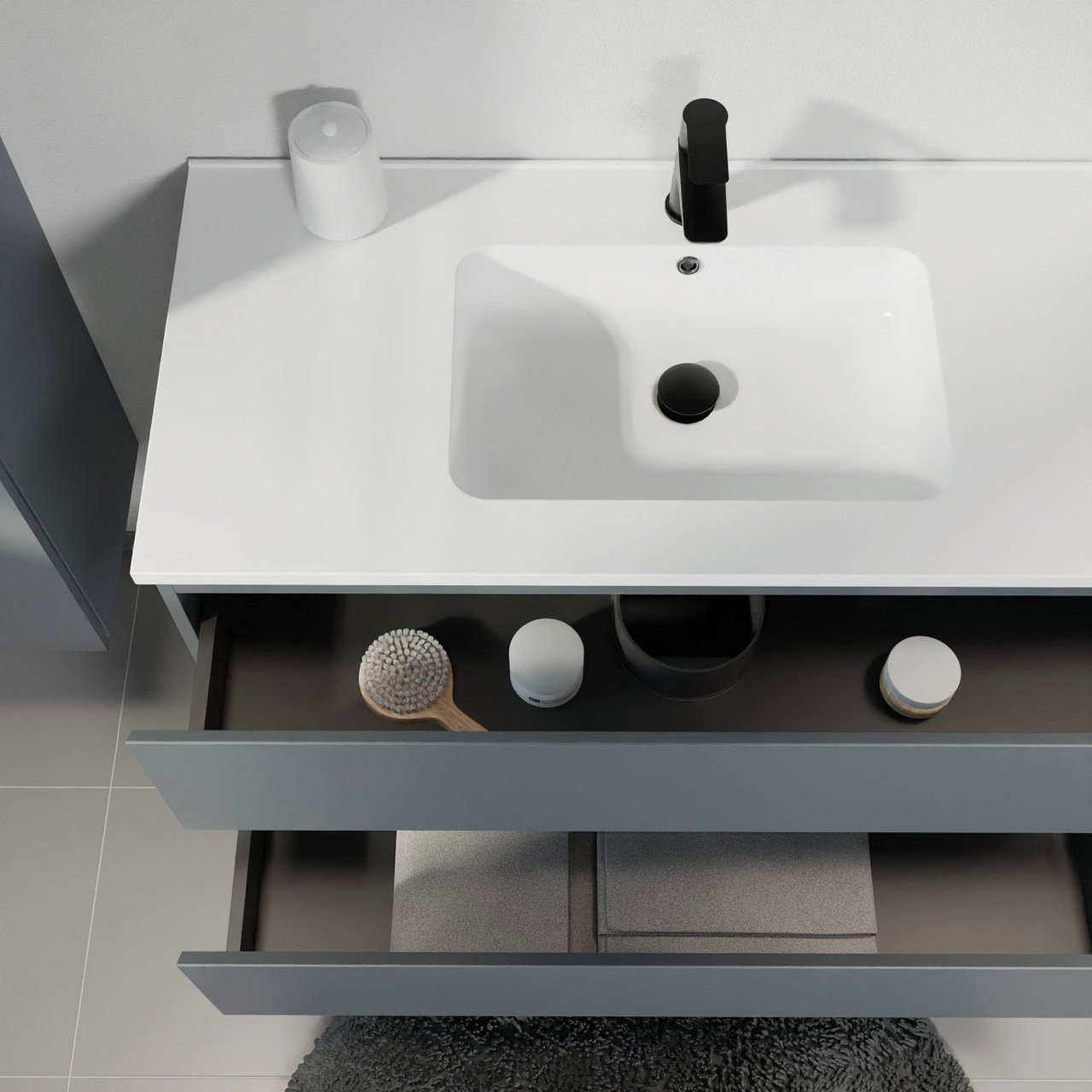 Linie Lado meuble salle de bains suspendu 80 x 46 cm bleu anthracite avec Vano plan simple en marbre composite blanc mat