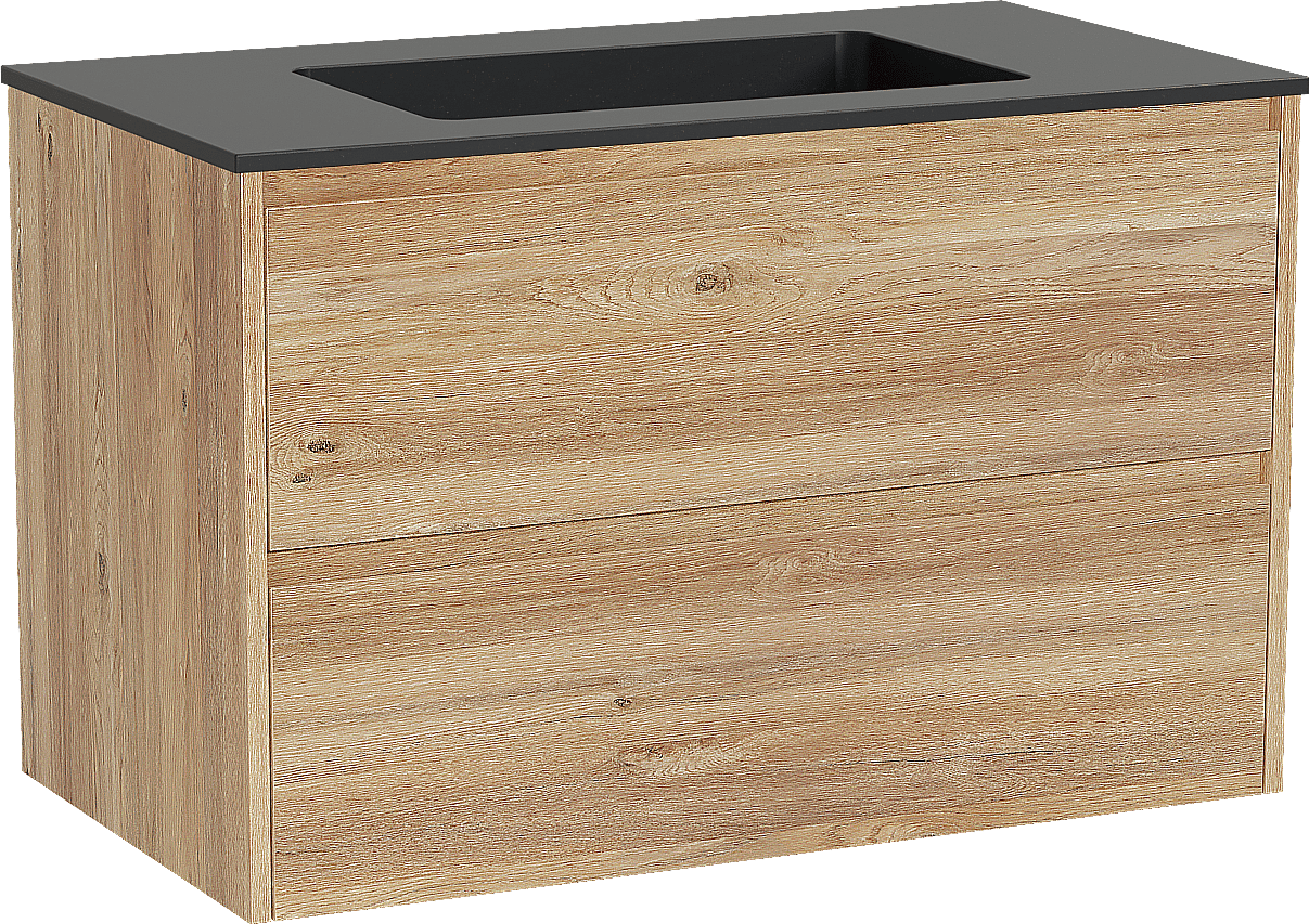 Storke Seda zwevend badmeubel 95 x 52 cm ruw eiken met Scuro enkele wastafel in kwarts mat zwart