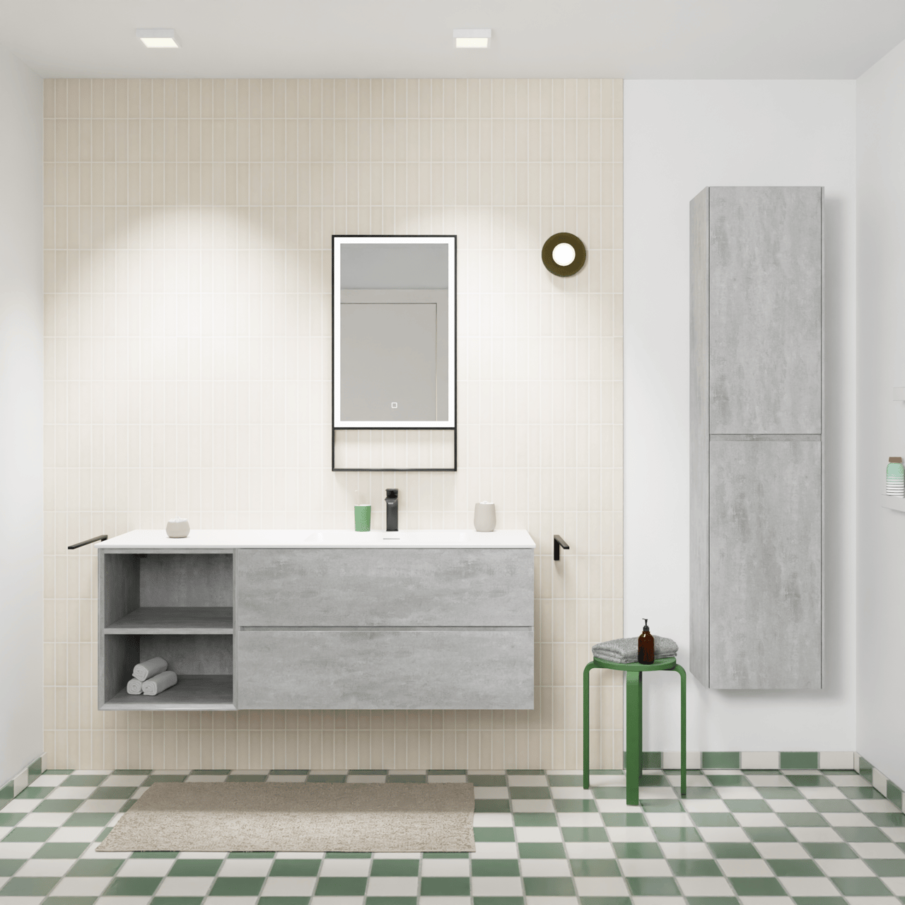 Storke Edge zwevend badmeubel 140 x 52 cm beton donkergrijs met Mata asymmetrisch rechtse wastafel in solid surface mat wit