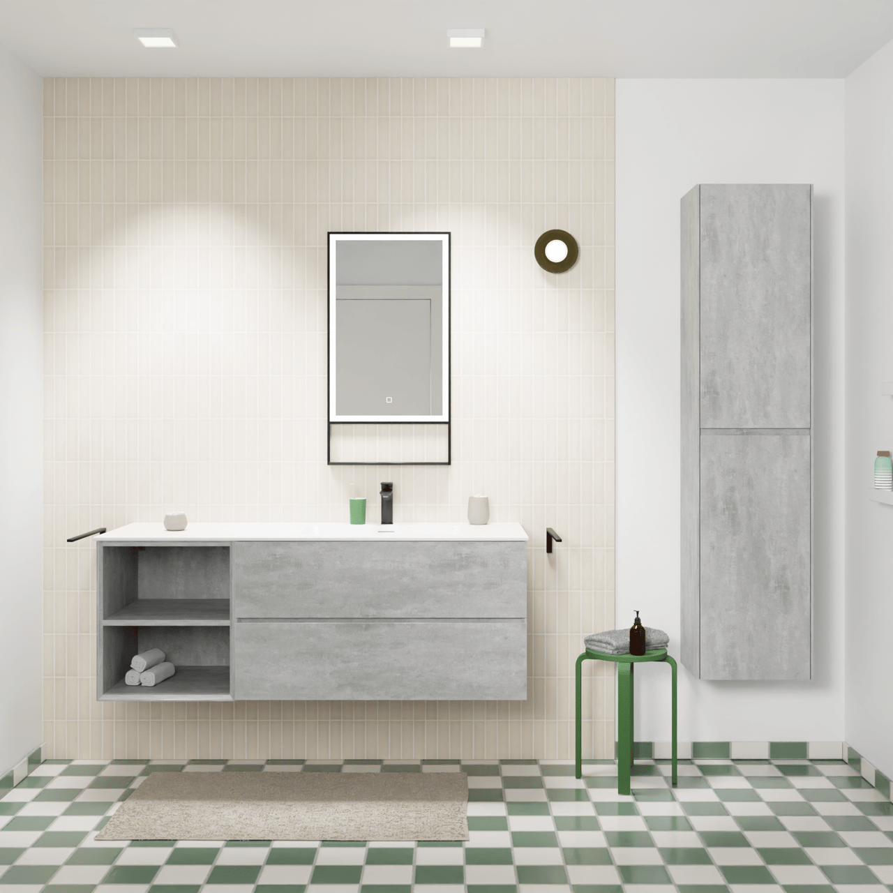 Storke Edge zwevend badmeubel 140 x 52 cm beton donkergrijs met Mata asymmetrisch rechtse wastafel in solid surface mat wit