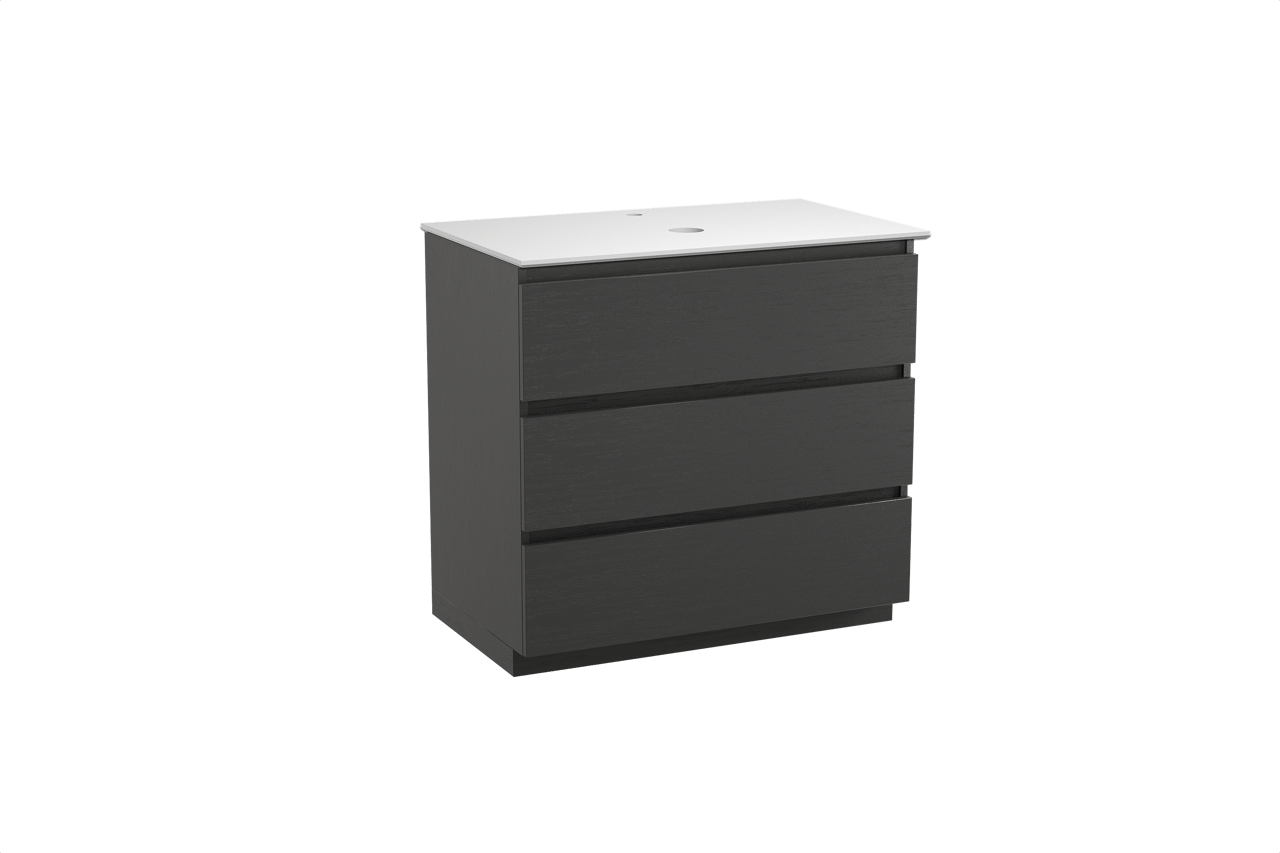 Balmani Lucida freistehendes Möbelstück Set: 90 x 55 cm, Schwarze Eiche, mit Facetta Einzel Waschtischplatte, Solid Surface Weiß matt