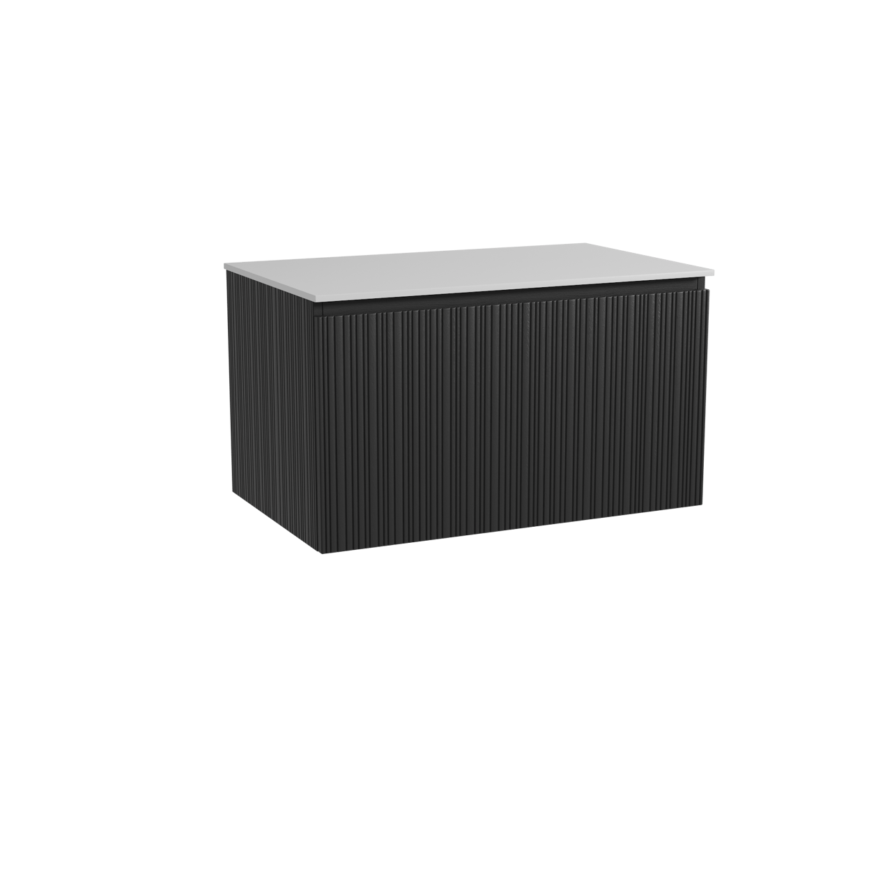 Storke Ribs zwevend badkamermeubel 85 x 52 cm zwarte eik met Tavola enkel tablet in solid surface mat wit, Verticale asymmetrische rechte ribbel