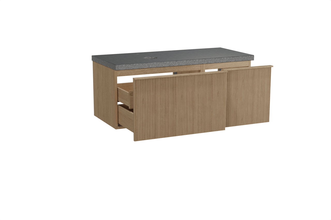 Balmani Forma hängendes Möbelstück Set: 120 x 55 cm, Naturbelassene Eiche, mit Rock Waschtisch links, Granit, Schwarzes Granit, Vertikale symmetrische gerade Rippe