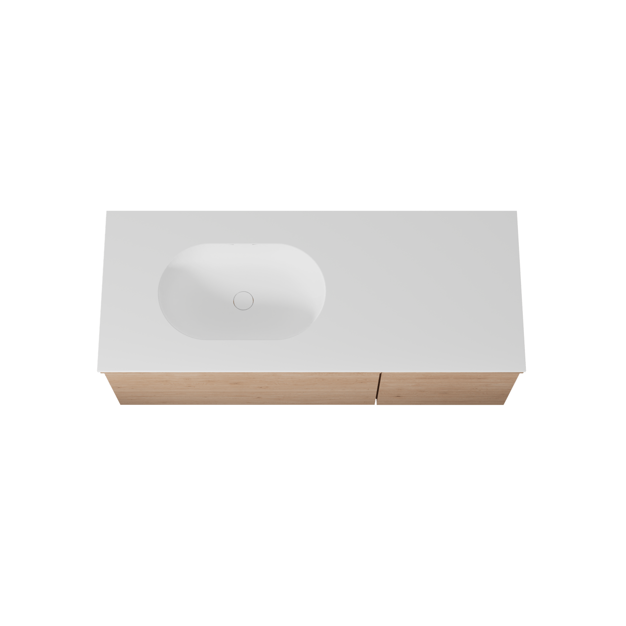 Balmani Forma hängendes Möbelstück Set: 135 x 55 cm, Naturbelassene Eiche, mit Tablo Oval Waschtisch links, Solid Surface, Weiß matt, Horizontale symmetrische gerade Rippe