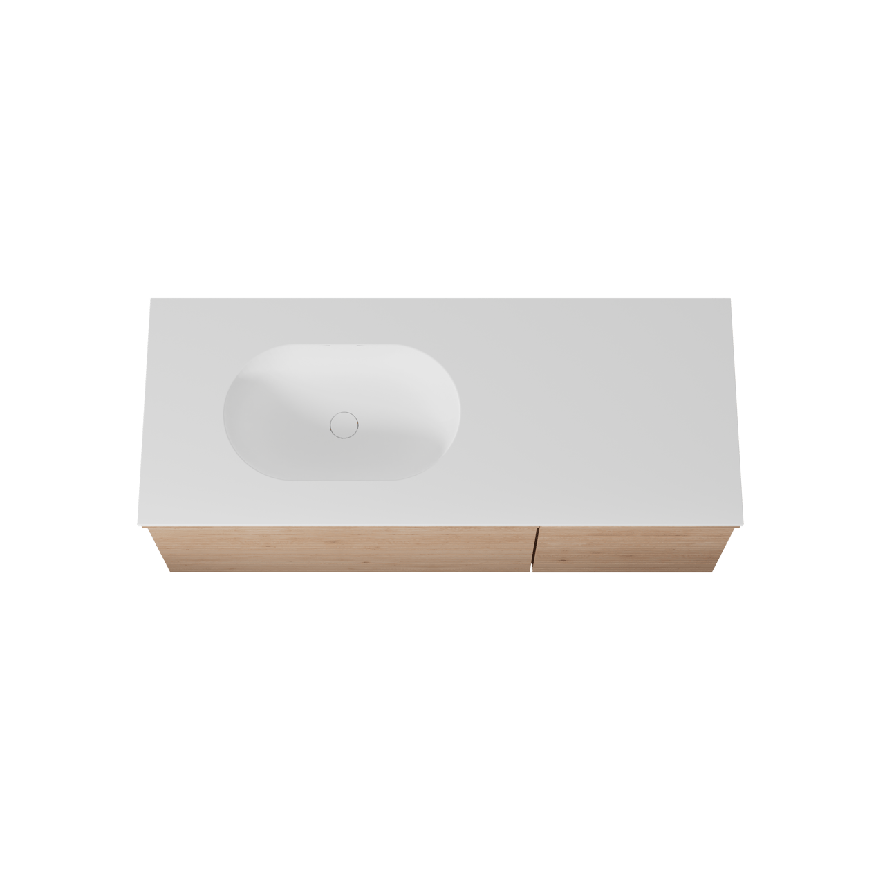 Balmani Forma meuble salle de bains suspendu 135 x 55 cm chêne naturel avec Tablo Oval vasque asymétrique gauche en solid surface blanc mat, Nervure droite symétrique horizontale