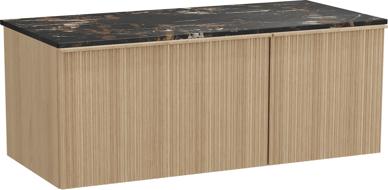 Balmani Forma meuble salle de bains suspendu 120 x 55 cm chêne naturel avec Stretto tablette simple en marbre portoro gold, Nervure circulaire asymétrique verticale