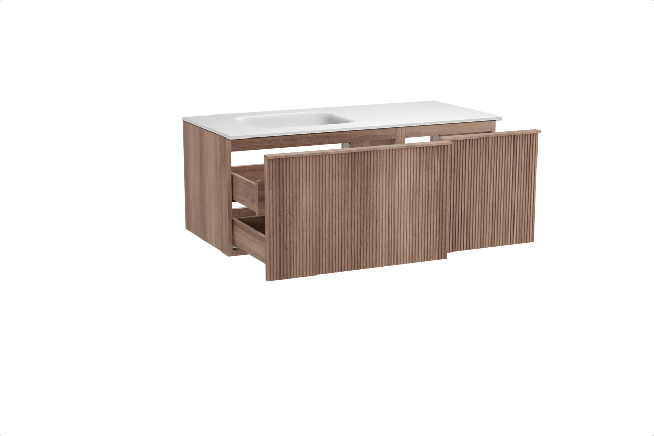 Balmani Forma hängendes Möbelstück Set: 120 x 55 cm, Teak, mit Tablo Arcato Waschtisch links, Solid Surface, Weiß matt, Vertikale symmetrische gerade Rippe