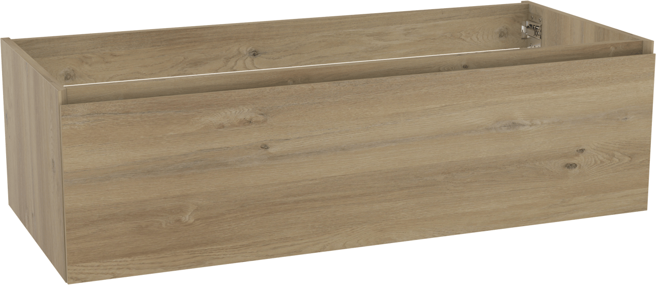 Storke Edge hängender Waschbeckenunterschrank: 120 x 52 cm, Eiche rustikal, 1 Schublade, 2 Siphonaussparungen