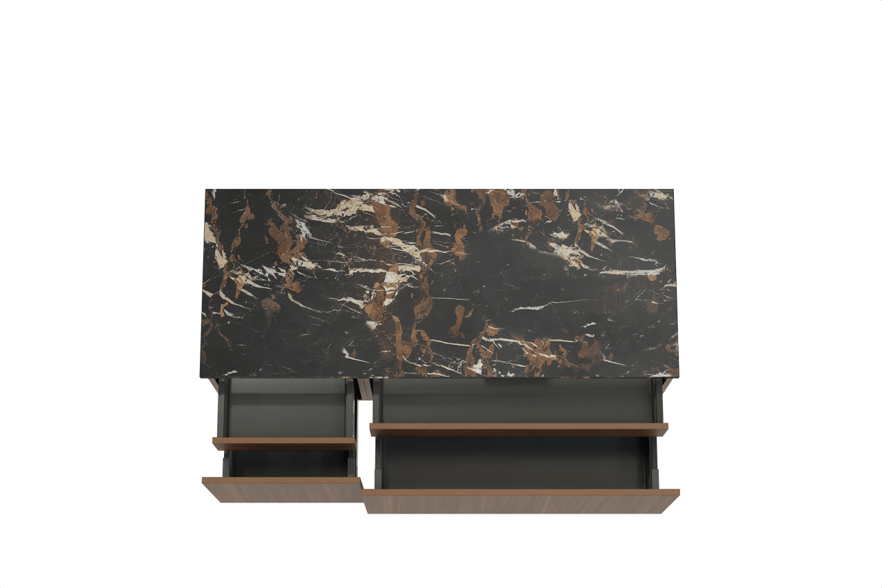 Balmani Sfera hängendes Möbelstück Set: 135 x 55 cm, Amerikanischer Nussbaum, mit Stretto Einzel- oder Doppel Waschtischplatte, Marmor Portoro Gold