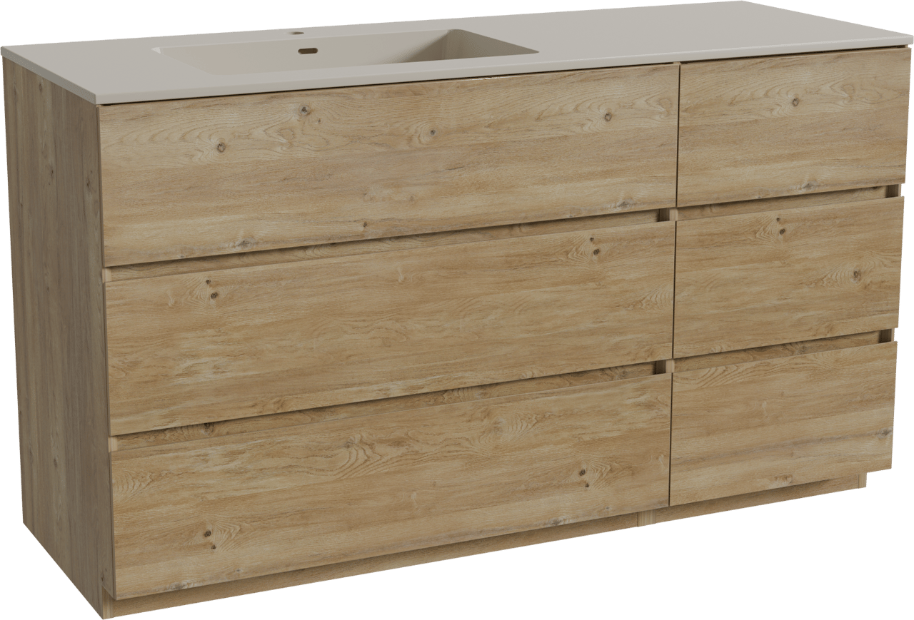 Storke Edge freistehendes Möbelstück Set: 140 x 52 cm, Rohe Eiche, mit Diva Waschtisch links, Top Solid Seidengrau