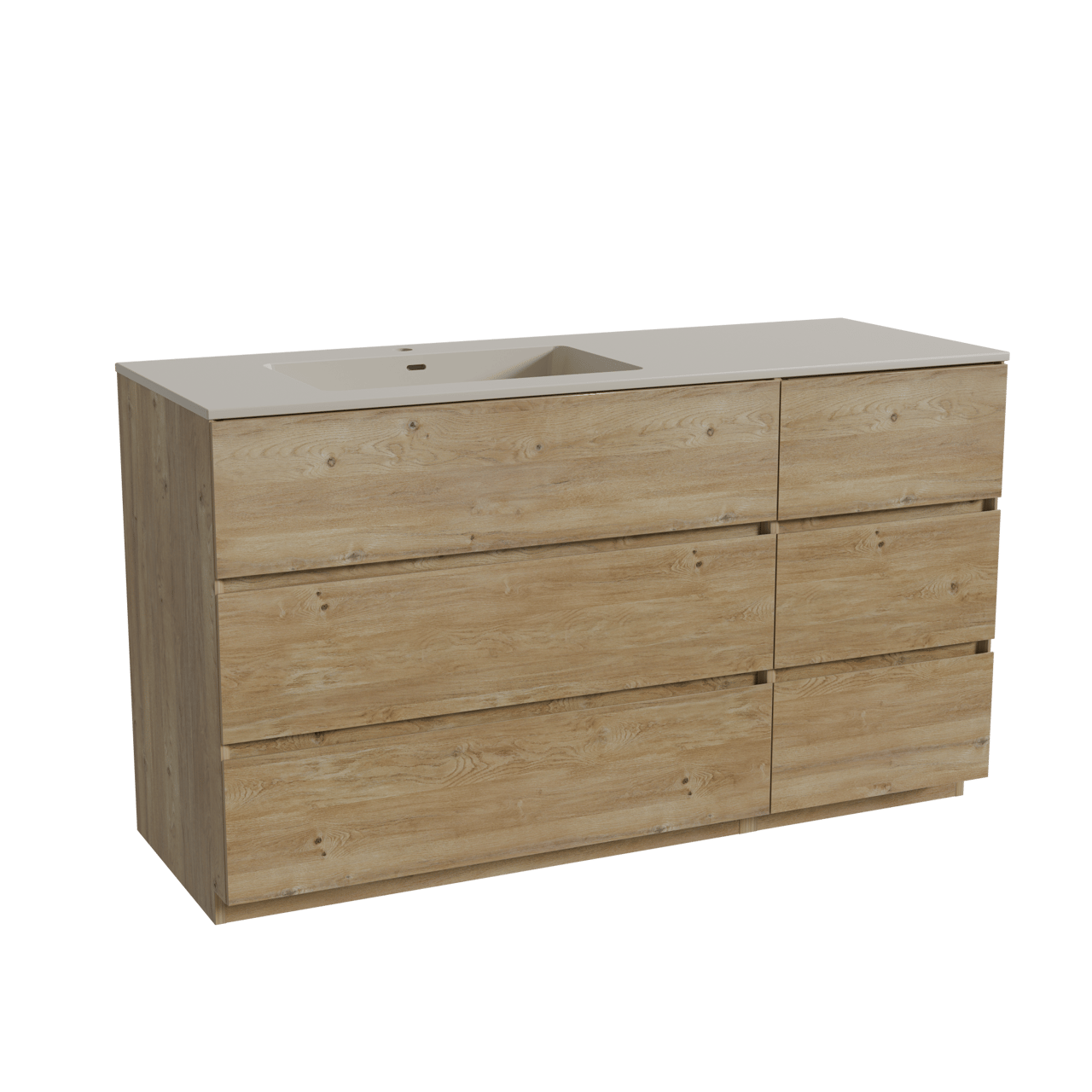 Storke Edge meuble salle de bains à poser 140 x 52 cm chêne brut avec Diva vasque asymétrique gauche en top solid soie grise