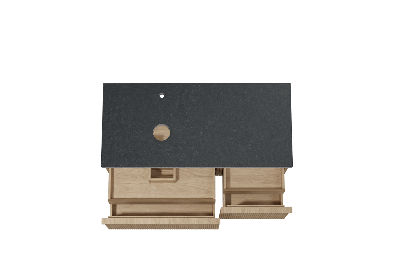 Balmani Forma hängendes Möbelstück Set: 120 x 55 cm, Naturbelassene Eiche, mit Rock Waschtisch links, Granit, Schwarzes Granit, Vertikale symmetrische gerade Rippe