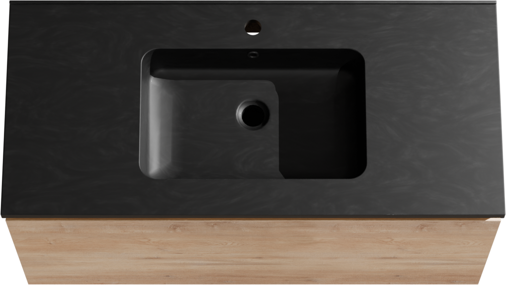 Linie Lado zwevend badkamermeubel 100 x 46 cm natuur eik met Vano enkele wastafel in composietmarmer mat zwart