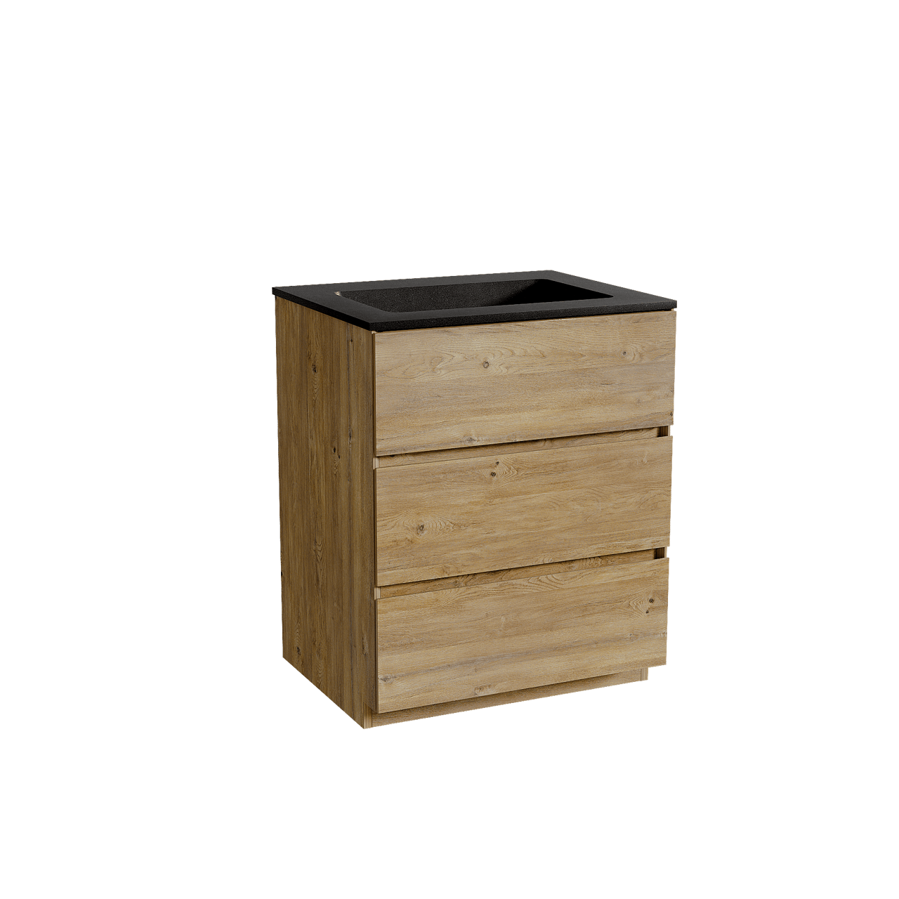 Storke Edge staand badkamermeubel 65 x 52 cm ruwe eik met Scuro enkele wastafel in kwarts mat zwart