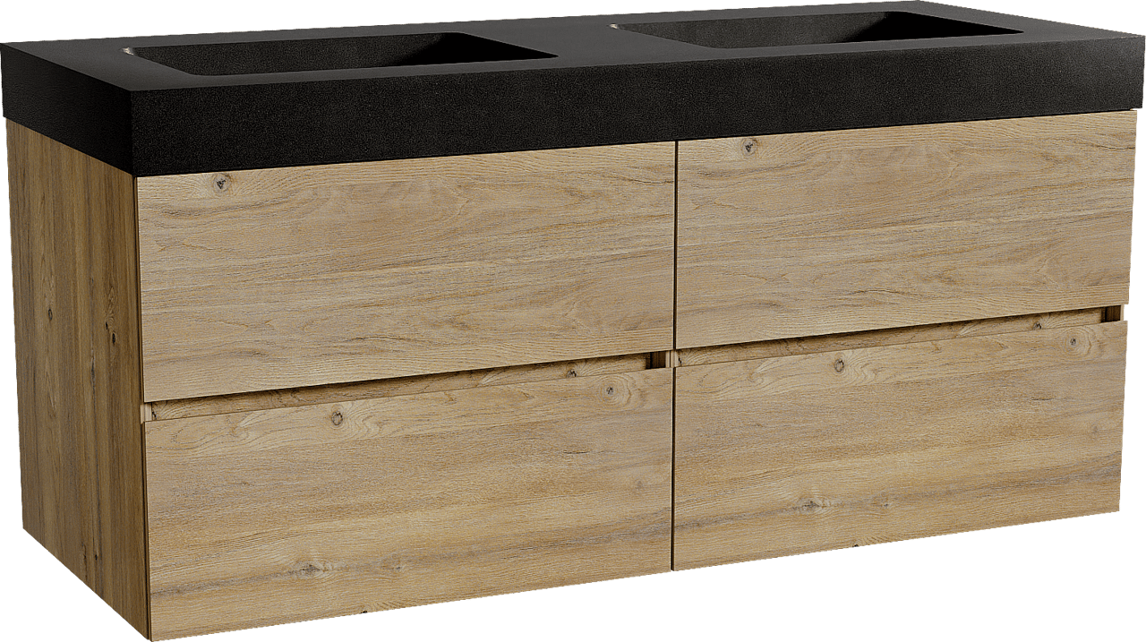 Storke Edge meuble salle de bains suspendu 130 x 52 cm chêne brut avec Scuro High double vasque en quartz noir mat