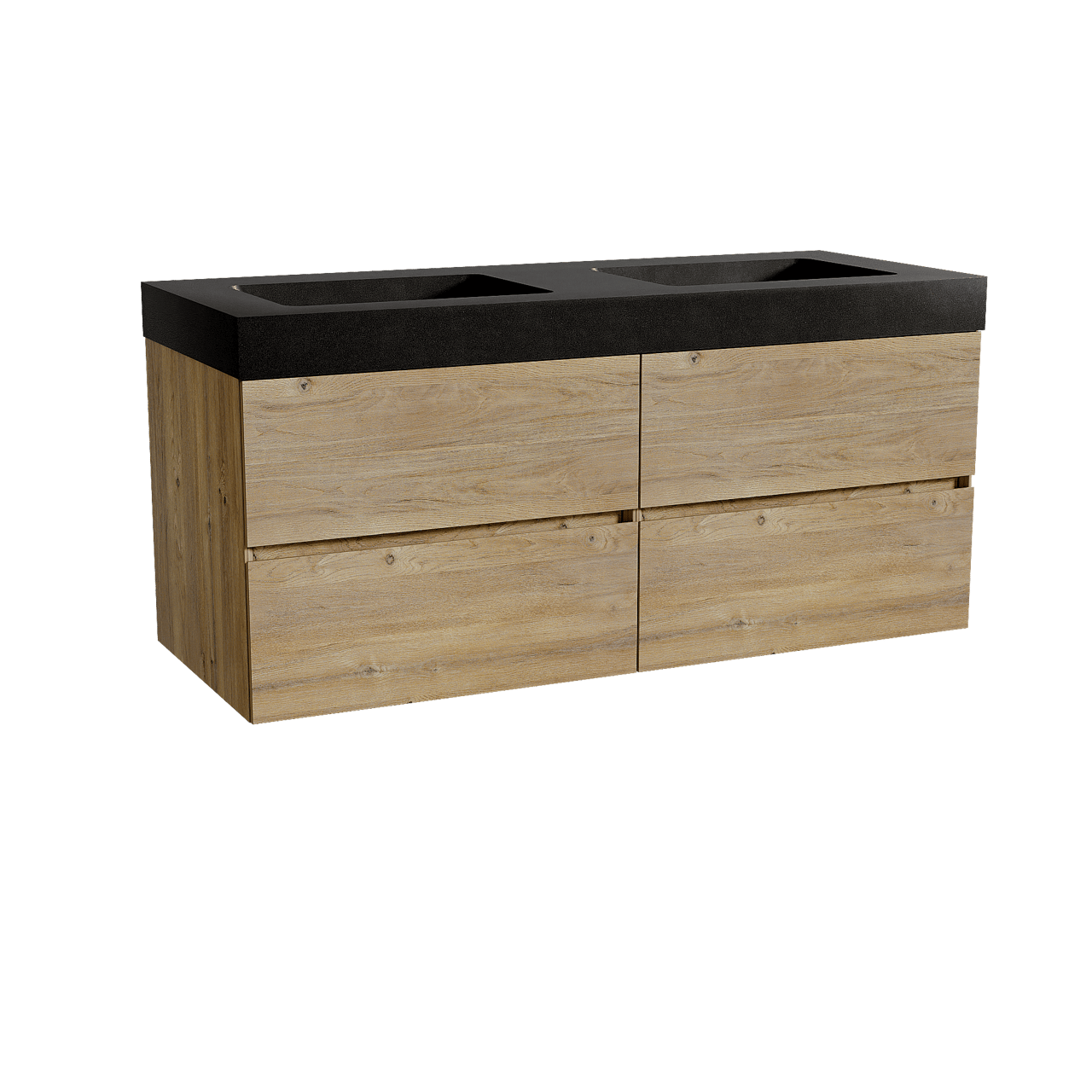 Storke Edge meuble salle de bains suspendu 130 x 52 cm chêne brut avec Scuro High double vasque en quartz noir mat