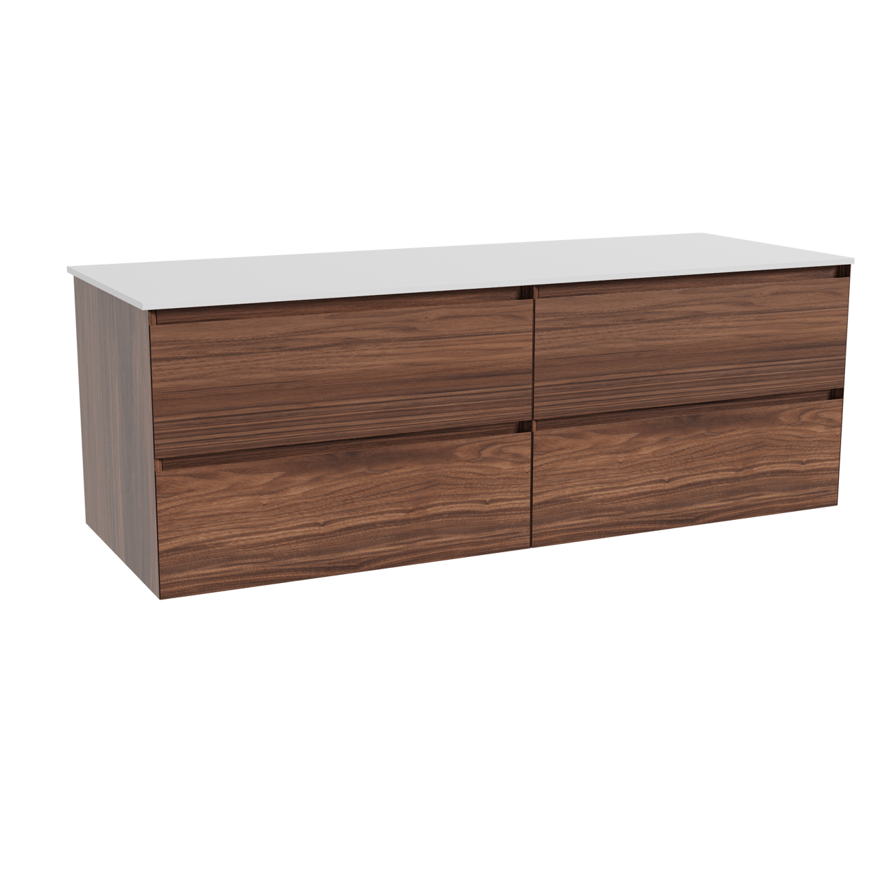 Balmani Mitra zwevend badkamermeubel 150 x 55 cm notelaar met Stretto enkel of dubbel tablet in solid surface mat wit