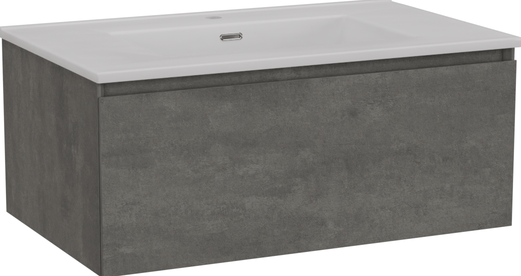 Storke Edge meuble salle de bains suspendu 85 x 52 cm béton gris foncé avec Kera plan simple en céramique blanc mat